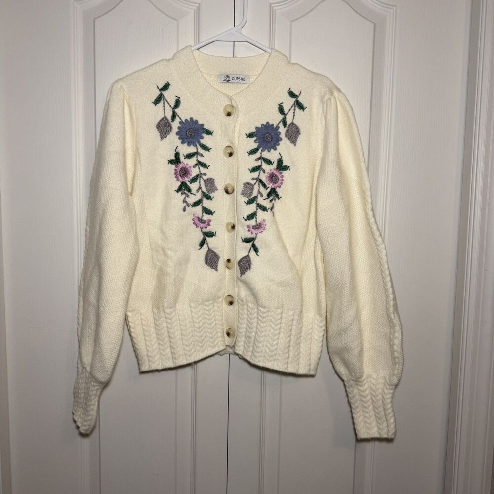 Cupshe Womens Watch Me Bloom Knitted Embroidered Floral Cardigan Sweater Size L